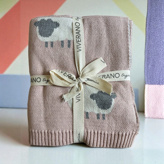 Viverano Organics Crib Blanket 30" x 42" Rosewood Pink / One Size Wooly Lamb 3D | Organic Cotton Jacquard Knit Baby Blanket